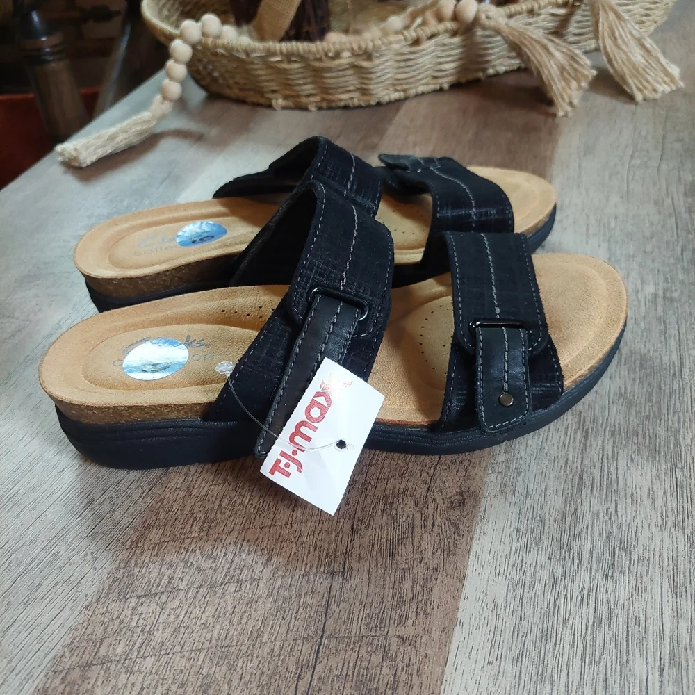 Clarks Collection Shoes Women Black Adjustable Slide Sandals April Dusk Size 6.5